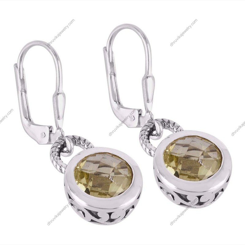 Silver lemon quartz drop earrings with faceted gemstones and lever-back closure alternate image