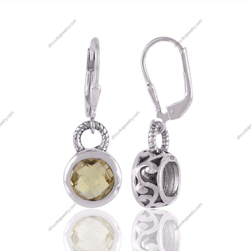 Silver lemon quartz drop earrings with faceted gemstones and lever-back closure view1