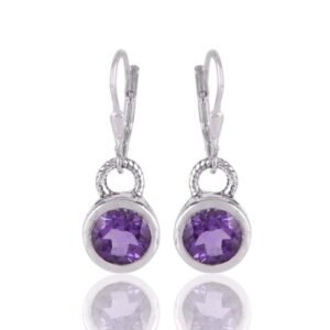 Sterling silver amethyst drop earrings with round-cut purple gemstones and leverback closure main view