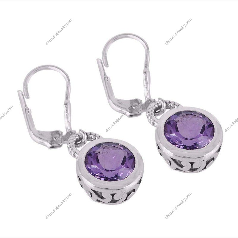 Sterling silver amethyst drop earrings with round-cut purple gemstones and leverback closure alternate image