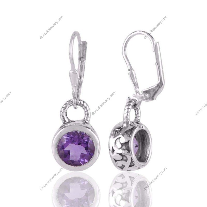 Sterling silver amethyst drop earrings with round-cut purple gemstones and leverback closure view1
