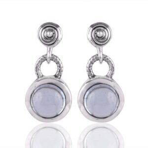 Sterling silver blue topaz dangle earrings featuring round gemstone in polished metal setting main view