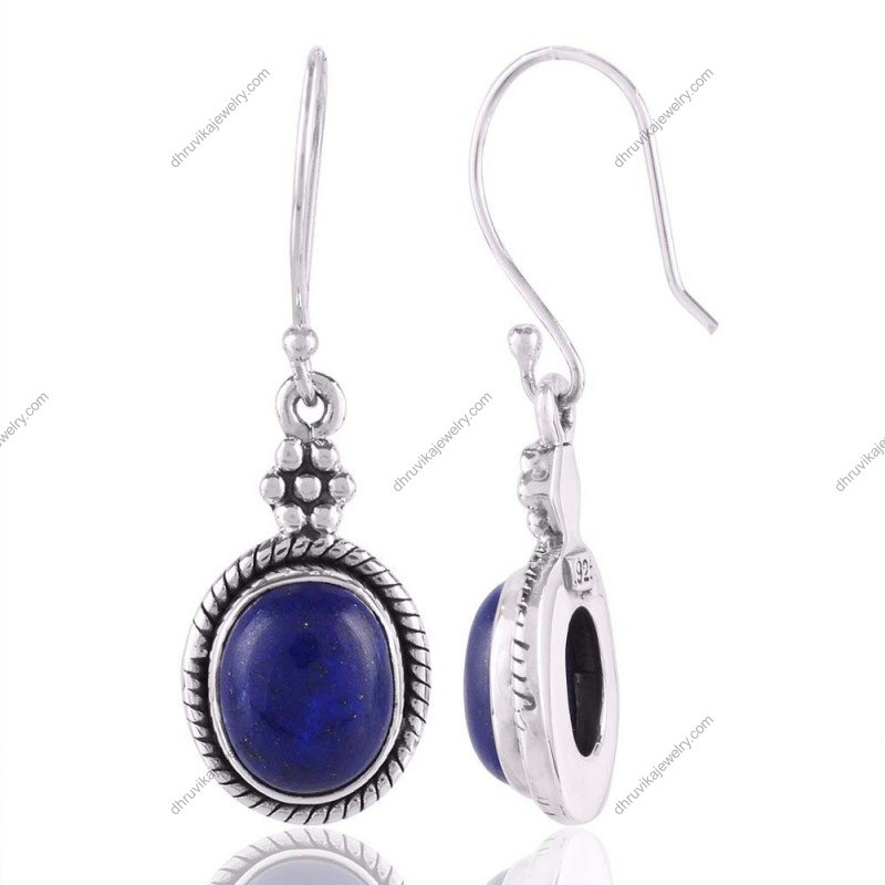 Sterling silver lapis lazuli dangle earrings with intricate detailing and deep blue gemstone view1