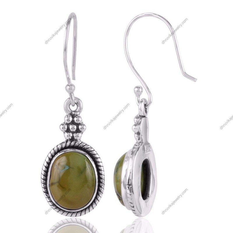 Sterling silver green turquoise dangle earrings, handcrafted boho chic jewelry view1