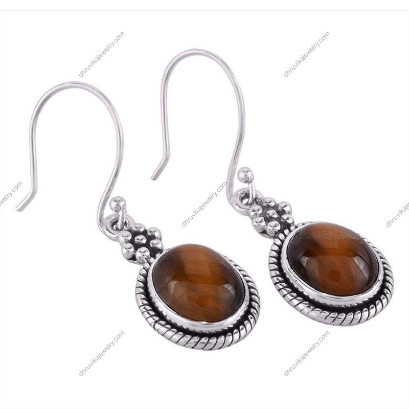 Sterling silver tiger’s eye dangle earrings with intricate detailing and boho charm alternate image