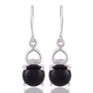 Silver black onyx dangle earrings with heart detail, crafted in sterling silver main view