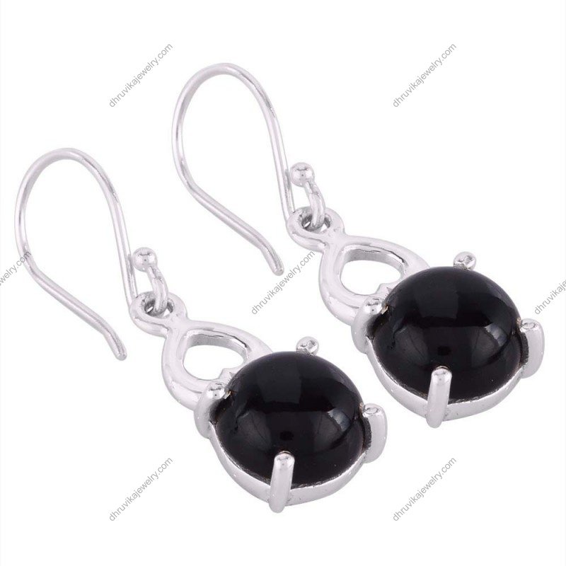 Silver black onyx dangle earrings with heart detail, crafted in sterling silver alternate image
