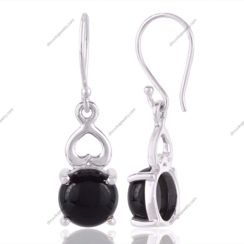 Silver black onyx dangle earrings with heart detail, crafted in sterling silver view1