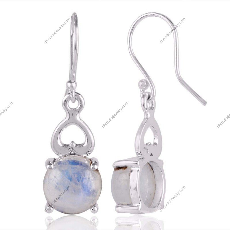 Silver moonstone dangle earrings with heart-shaped sterling silver detailing view1