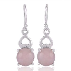 Elegant silver rose quartz heart dangle earrings with sterling silver heart design main view