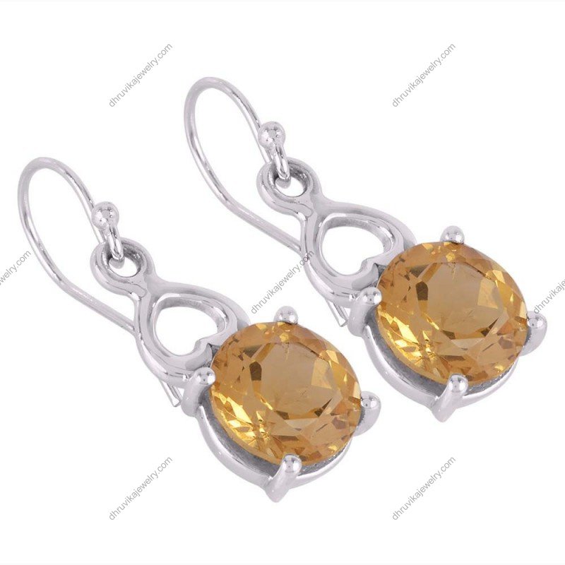 Sterling silver citrine dangle earrings with heart design and round-cut citrine gemstones alternate image