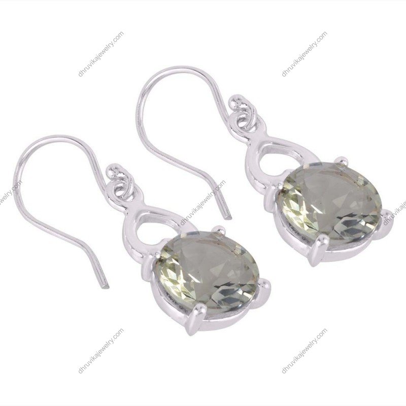 Silver green amethyst dangle earrings with heart motif and round-cut gemstone alternate image
