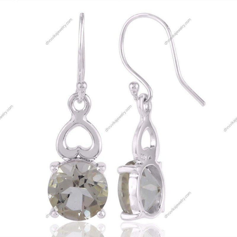 Silver green amethyst dangle earrings with heart motif and round-cut gemstone view1