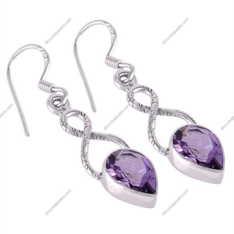 Sterling silver amethyst dangle earrings with infinity design and pear-cut gemstones alternate image