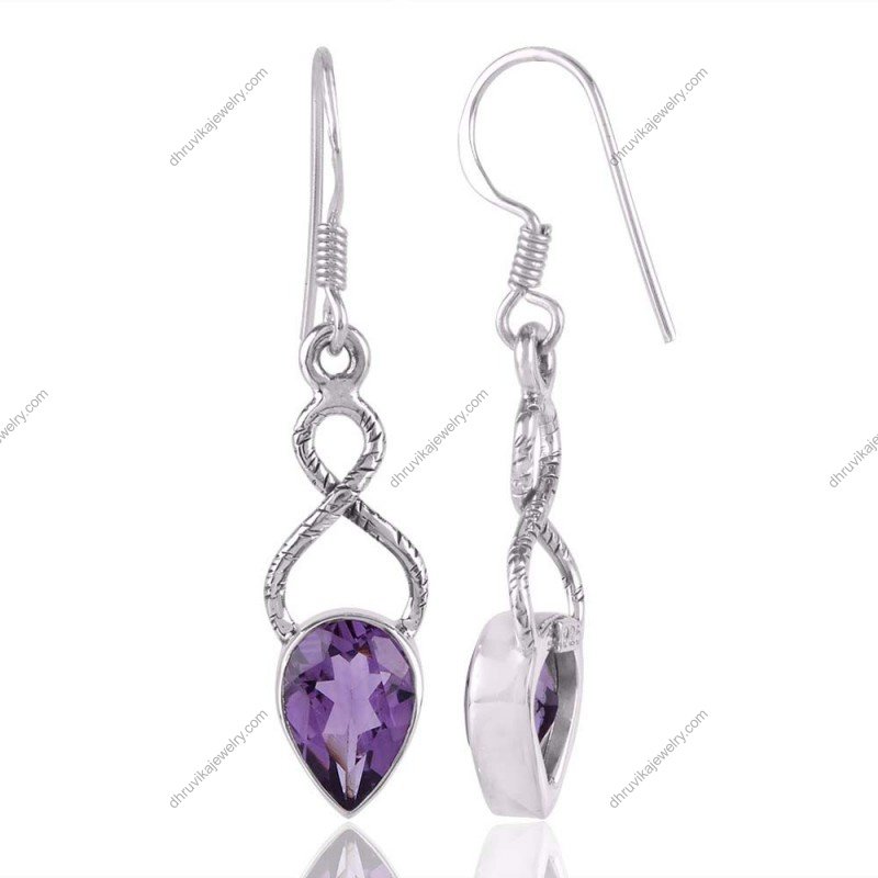 Sterling silver amethyst dangle earrings with infinity design and pear-cut gemstones view1