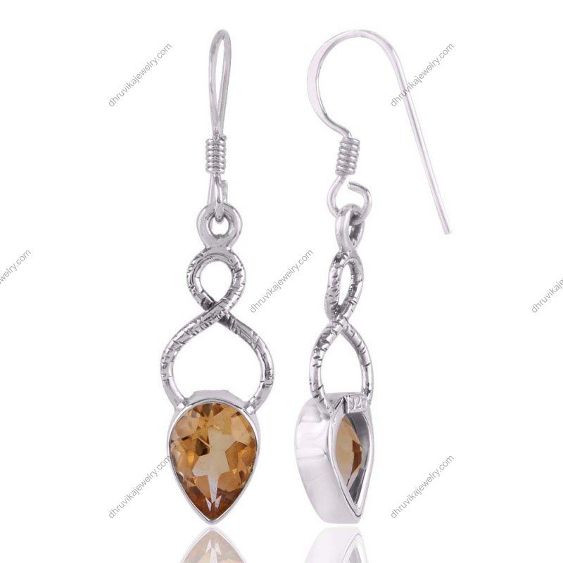 Silver citrine drop earrings with infinity design in sterling silver view1