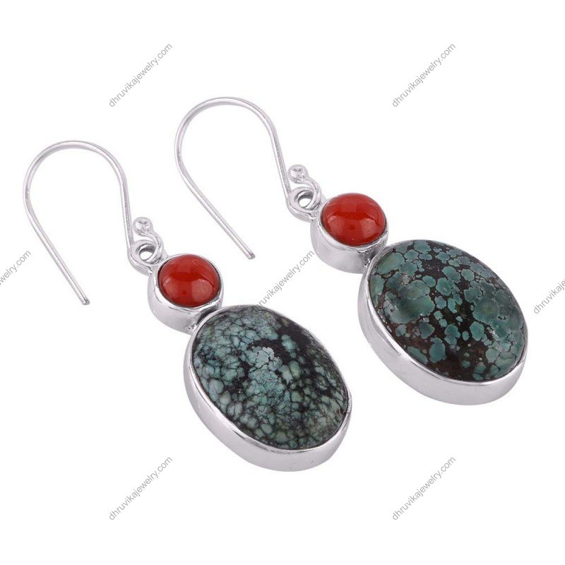 Handcrafted sterling silver turquoise and red coral dangle earrings with artisan design alternate image