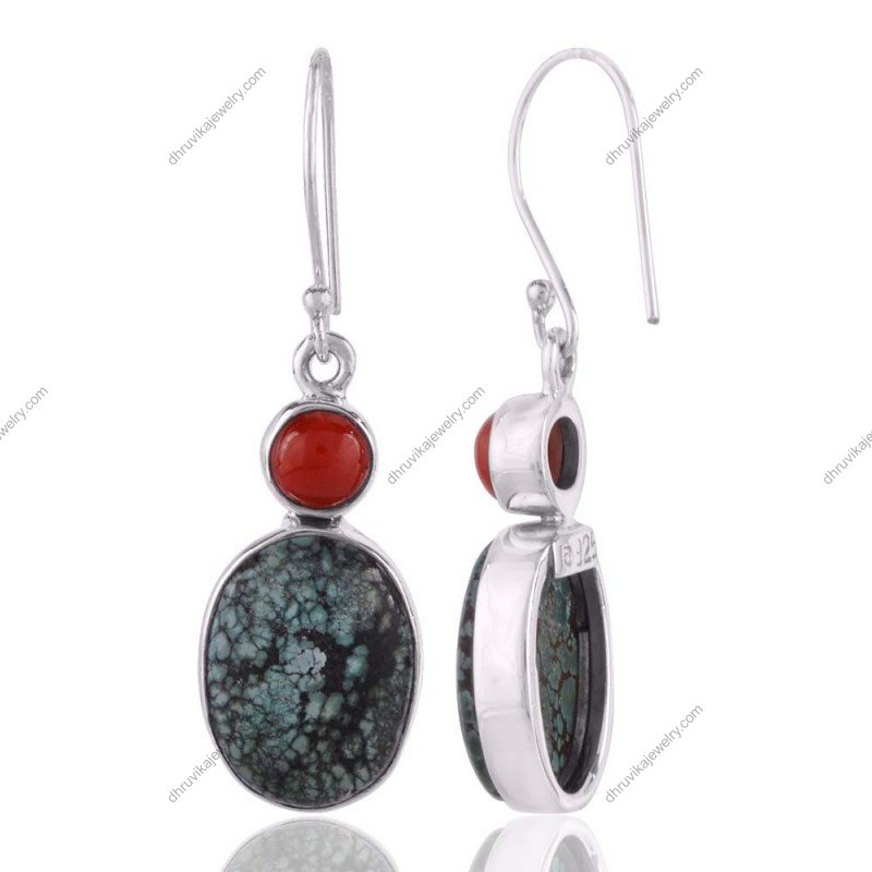 Handcrafted sterling silver turquoise and red coral dangle earrings with artisan design view1