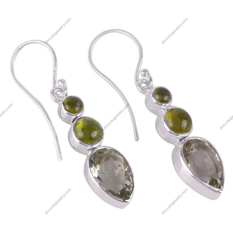 Elegant silver drop earrings with green and clear gemstones in sterling silver setting alternate image