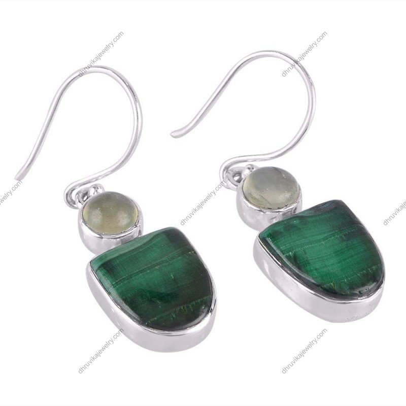 Silver drop earrings with green malachite and moonstone, handcrafted in sterling silver. alternate image