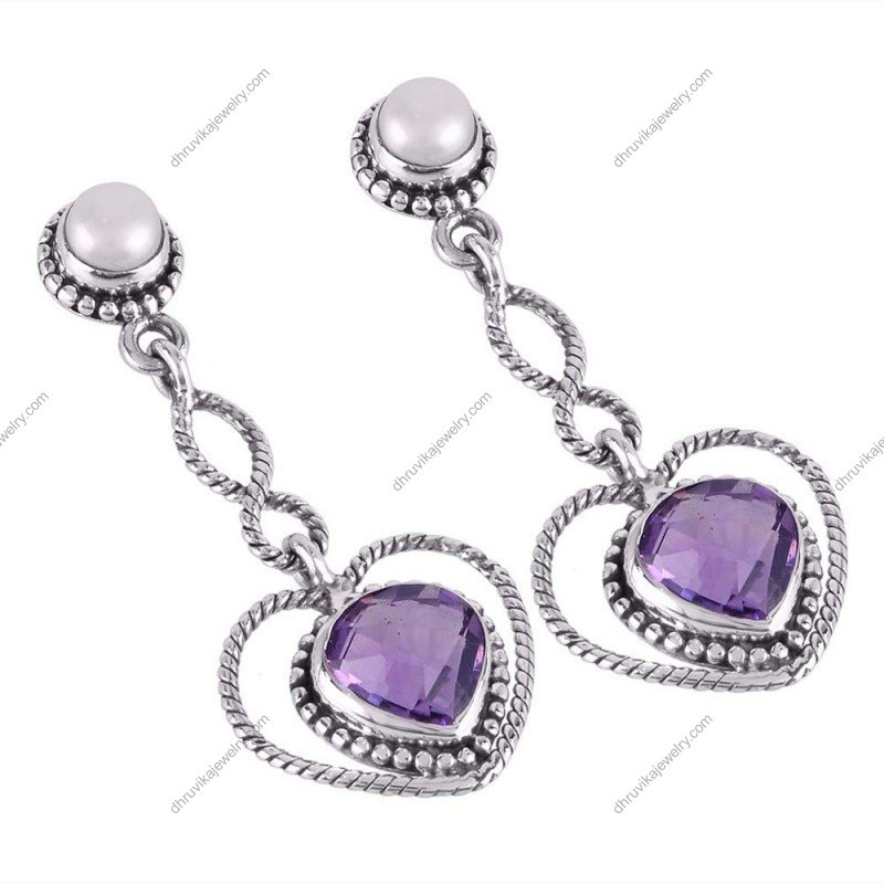 Sterling silver amethyst dangle earrings with heart-shaped gemstones and intricate silver detailing alternate image