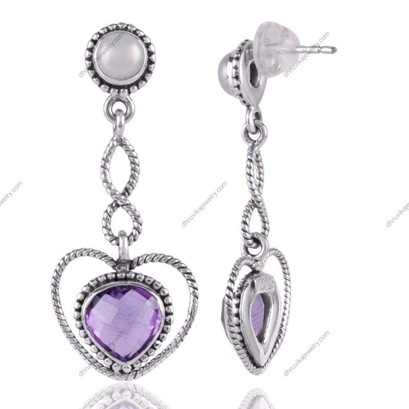 Sterling silver amethyst dangle earrings with heart-shaped gemstones and intricate silver detailing view1