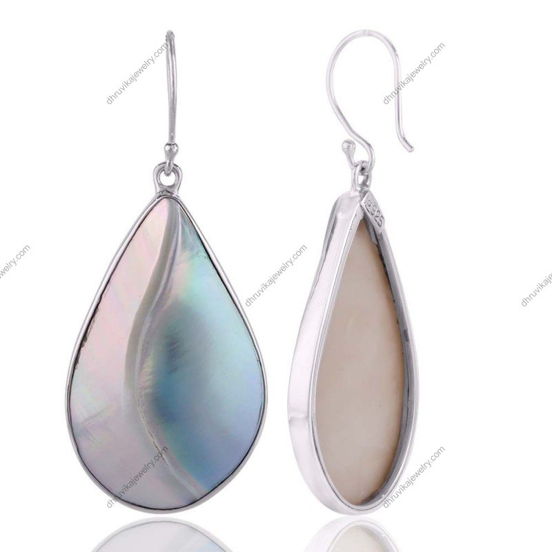 Silver mother of pearl teardrop earrings in sterling silver setting view1