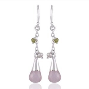 Silver drop earrings with pearls and gemstones, handcrafted with sterling silver. main view