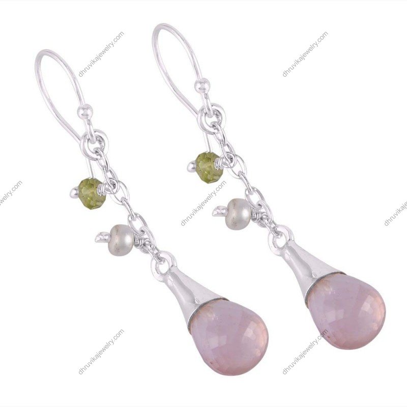 Silver drop earrings with pearls and gemstones, handcrafted with sterling silver. alternate image