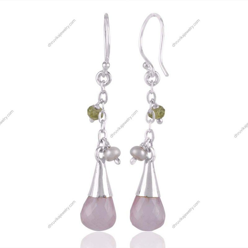 Silver drop earrings with pearls and gemstones, handcrafted with sterling silver. view1