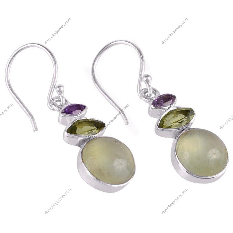 Sterling silver drop earrings with amethyst, peridot, and prehnite gemstones alternate image