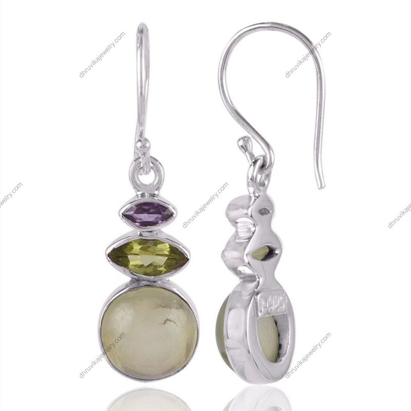 Sterling silver drop earrings with amethyst, peridot, and prehnite gemstones view1