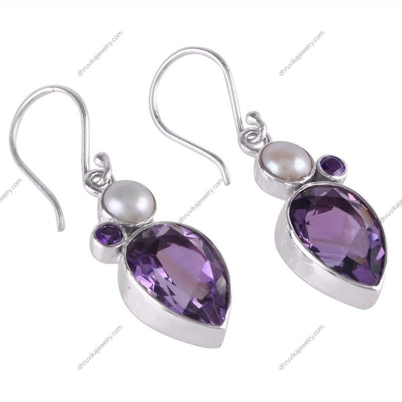 Sterling silver amethyst and pearl drop earrings with gemstone accents alternate image