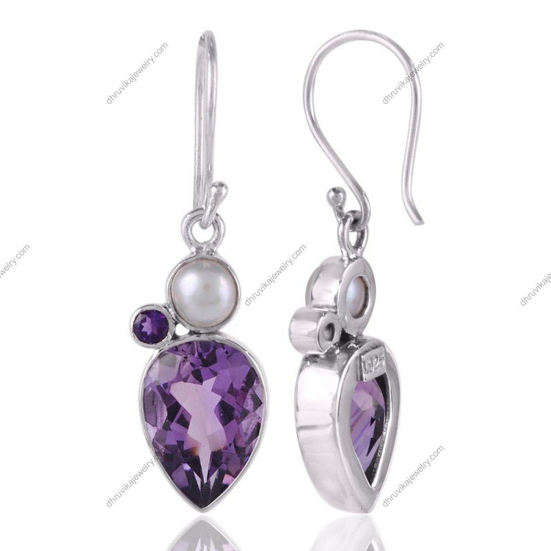 Sterling silver amethyst and pearl drop earrings with gemstone accents view1