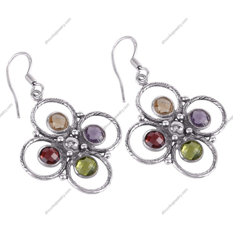 Handcrafted sterling silver gemstone dangle earrings with floral design featuring garnet, citrine, amethyst, and peridot. alternate image