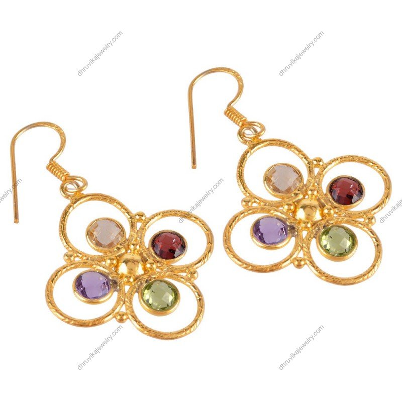Elegant silver earrings with multi-gemstone floral design, lightweight and handcrafted for a sophisticated look alternate image