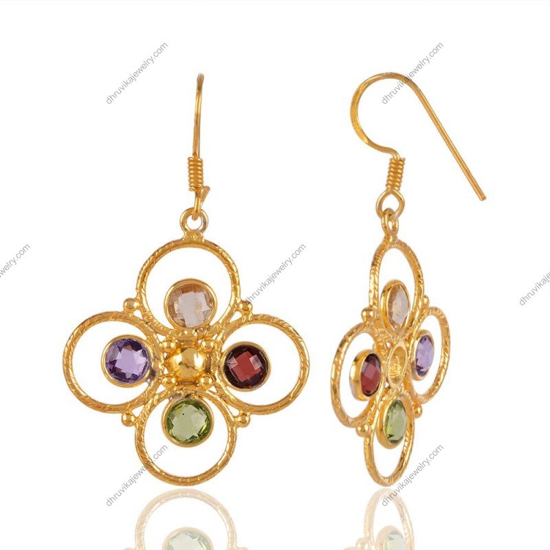 Elegant silver earrings with multi-gemstone floral design, lightweight and handcrafted for a sophisticated look view1