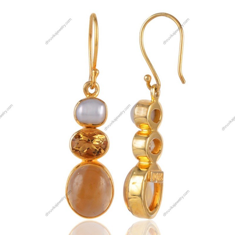 Gold-plated earrings with freshwater pearl, citrine, and moonstone accents alternate image