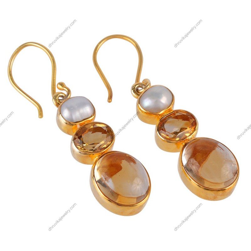 Gold-plated earrings with freshwater pearl, citrine, and moonstone accents view1