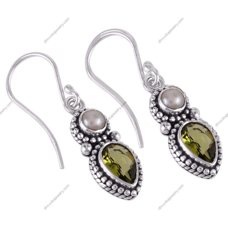 Sterling silver pearl and peridot earrings with vintage dangle design alternate image