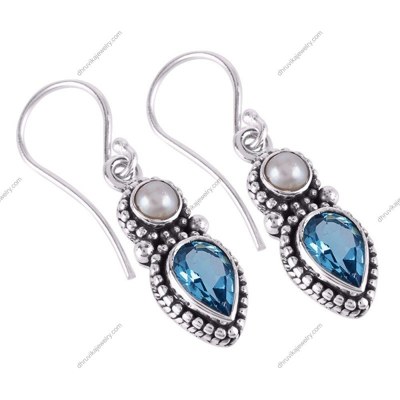 Sterling silver pearl & blue topaz dangle earrings with vintage-inspired design alternate image