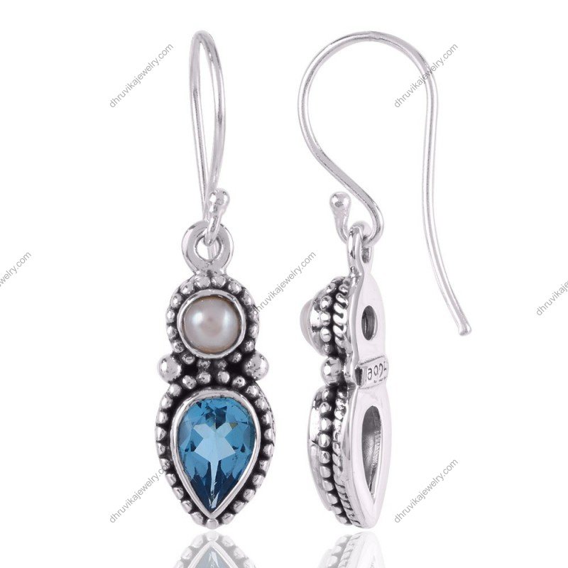 Sterling silver pearl & blue topaz dangle earrings with vintage-inspired design view1