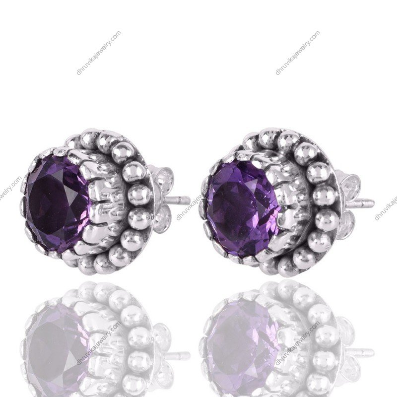 Elegant amethyst sterling silver stud earrings with intricate bead detailing alternate image