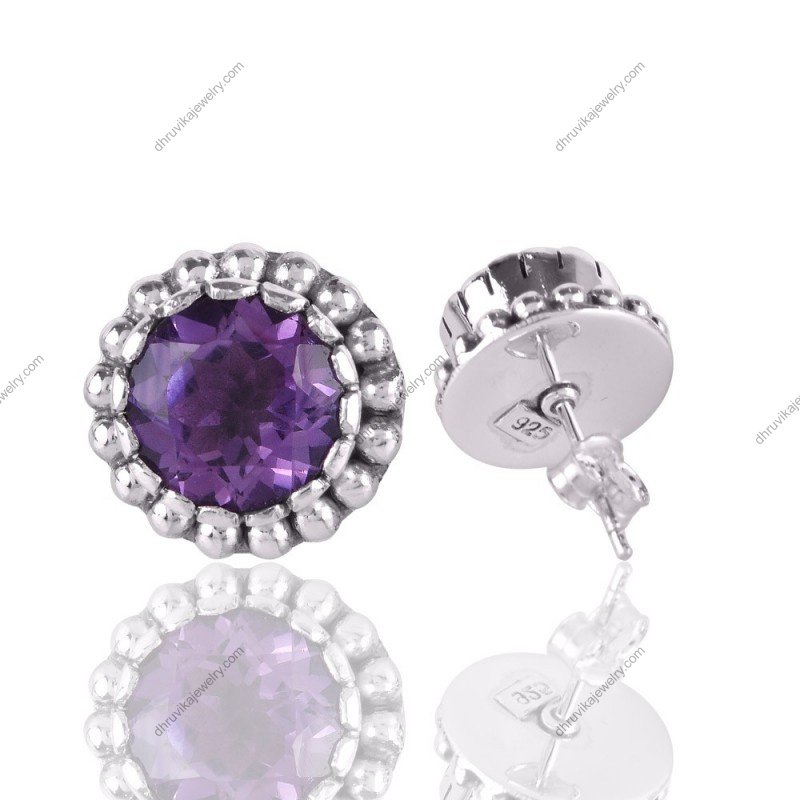 Elegant amethyst sterling silver stud earrings with intricate bead detailing view1