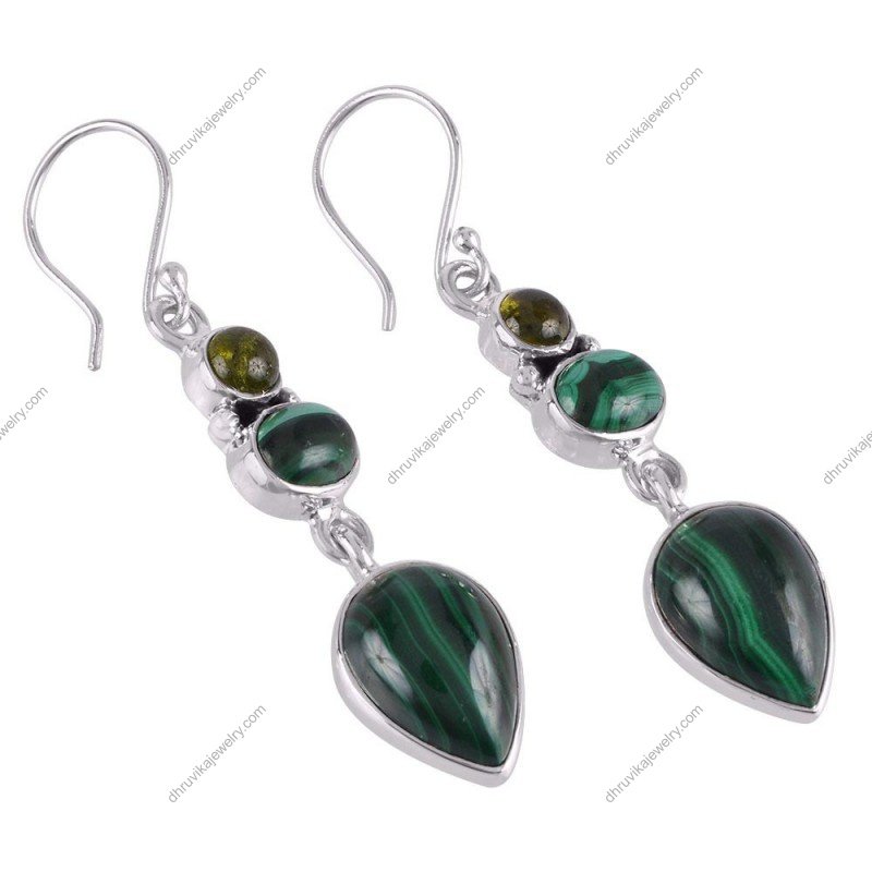 Sterling silver malachite dangle earrings with handcrafted gemstone design alternate image