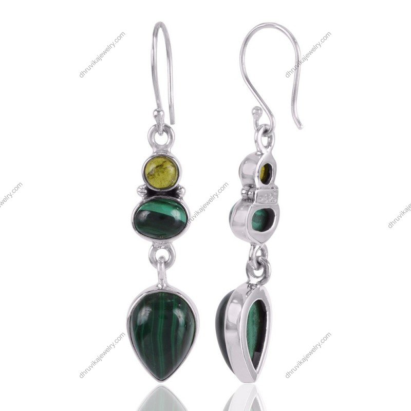 Sterling silver malachite dangle earrings with handcrafted gemstone design view1
