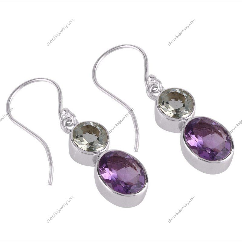 Sterling silver amethyst and Green Amethyst drop earrings with handcrafted gemstone setting alternate image