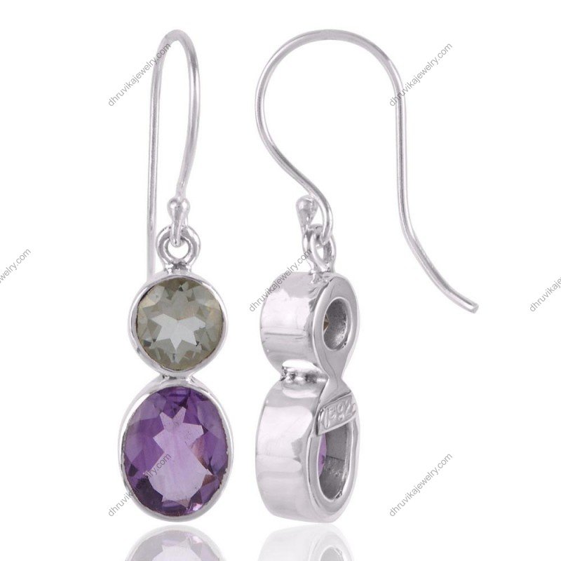 Sterling silver amethyst and Green Amethyst drop earrings with handcrafted gemstone setting view1