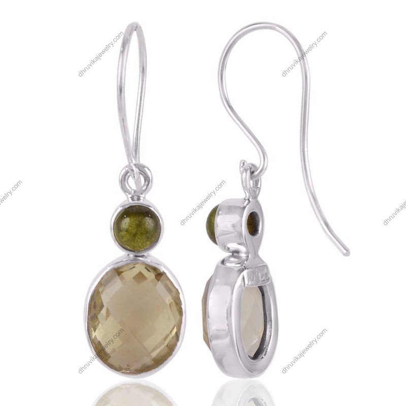 Elegant silver gemstone dangle earrings with citrine and peridot set in 925 sterling silver. view1