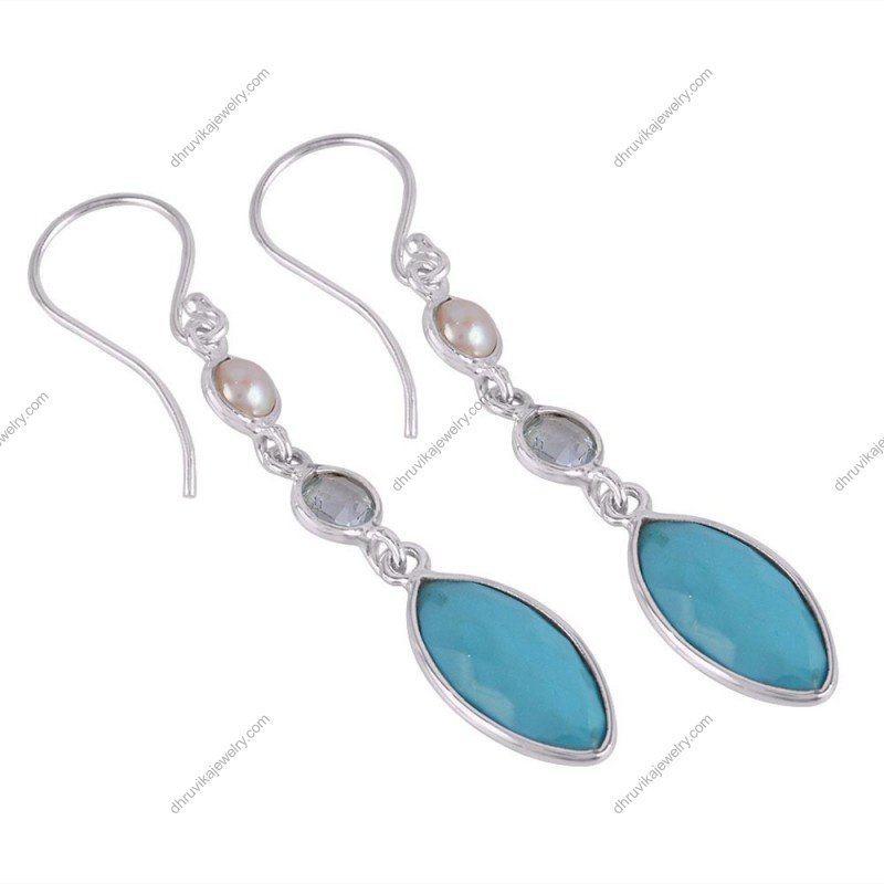 Elegant silver dangle earrings with turquoise, pearls, and gemstones in sterling silver alternate image